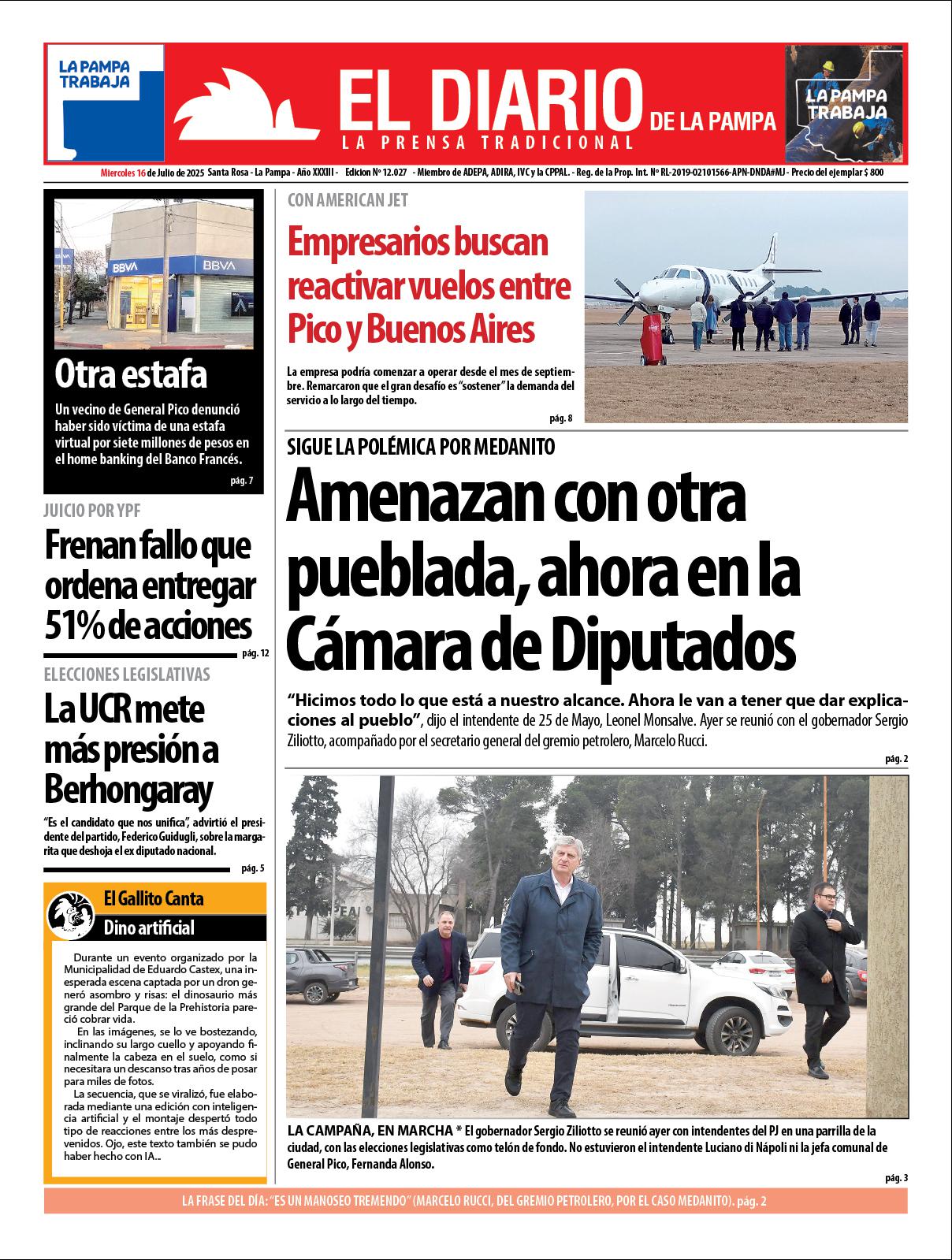 Tapa de El Diario en papel  mieacutercoles 16 de julio de 2025